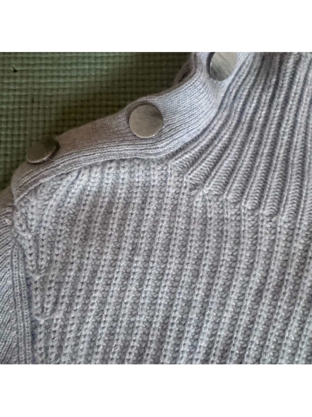 Veronica Beard Light Blue Ribbed Button-Shoulder Sweater